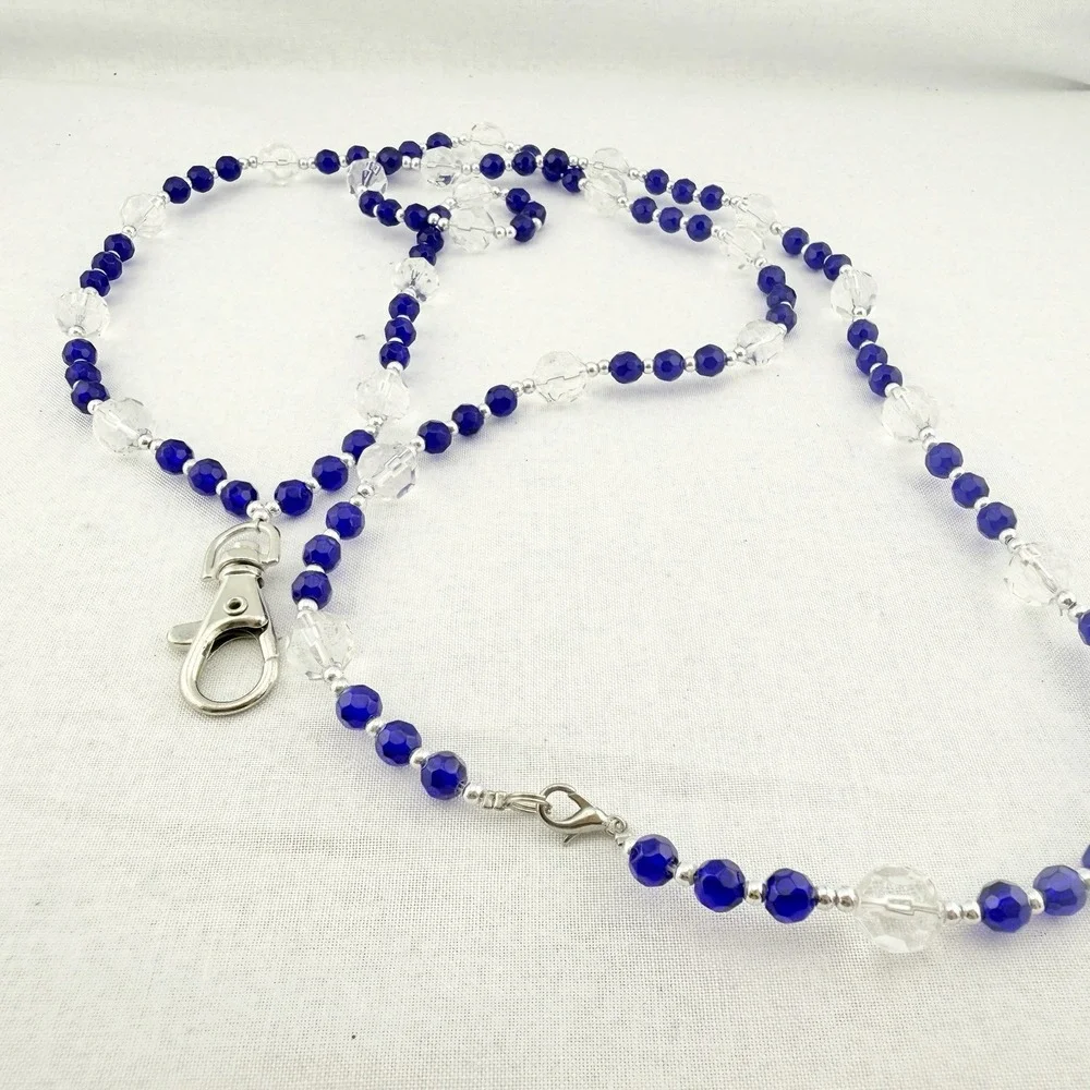 Handmade Blue White Glass Bead Lanyard ID Badge Tag Holder Silver Tone  44